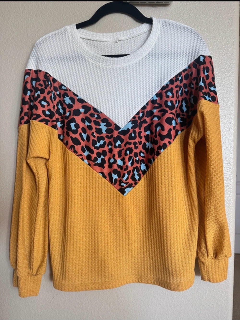 Colorblock Leopard Chevron Waffle Knit Pullover - Mustard, White, Coral & Teal